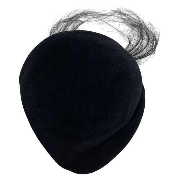VTG Ranel Black Cloche Glory Imported Velour Hat w/ Feather Accent Chin Strap OS - Picture 3 of 8